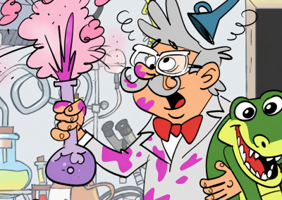 Le Professeur Moustache et son crocodile dans leur laboratoire